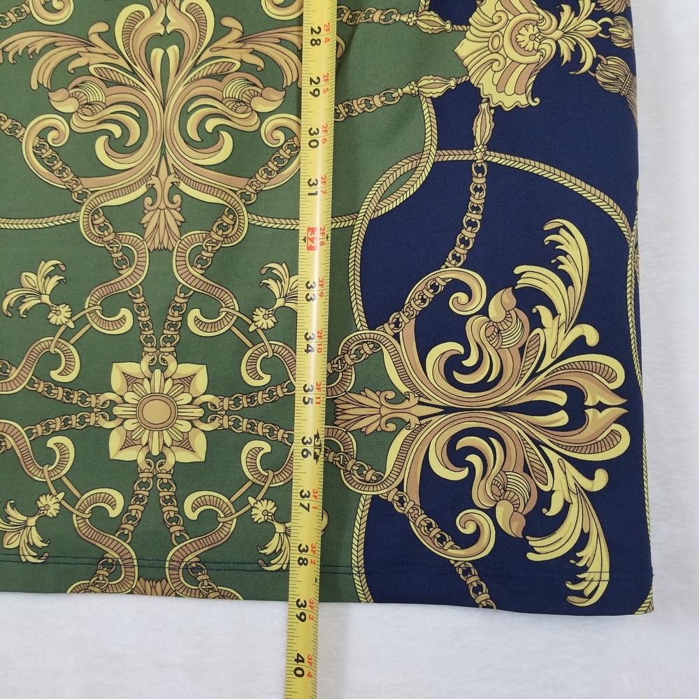 J.McLaughlin Sheath Dress Women Sz L Green Navy Gold Baroque Chain Print 3/4 Slv - Picture 6 of 7